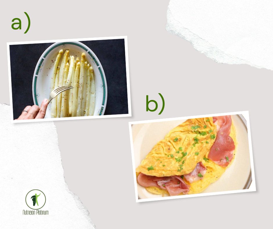 Espárragos blancos con tortilla rellena de jamón de york